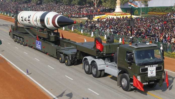 Surface-to-surface Agni V missile is displayed during the Republic Day parade in New Delhi