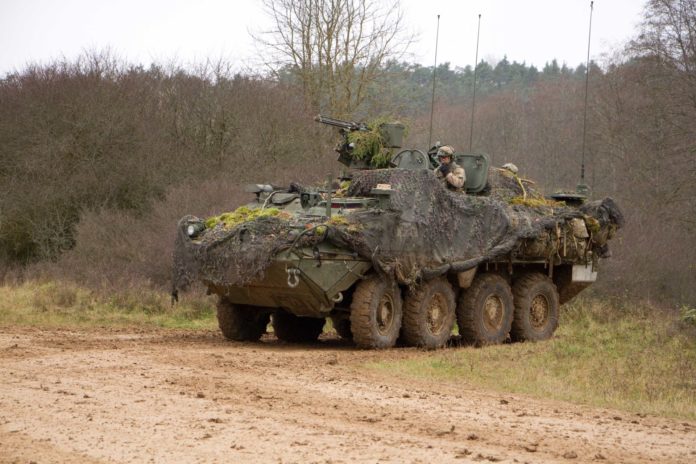 Stryker Combat Vehicle are training in a battle